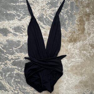 Carmen Marc Valvo - Black Deep V-Neck One-Piece Swimsuit with Wrap Detail